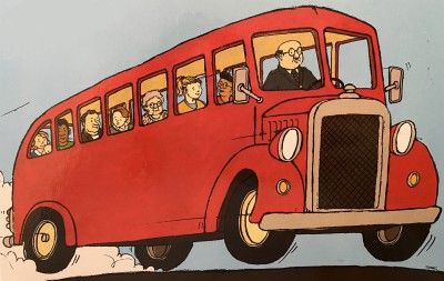 We rijden in de grote rode bus